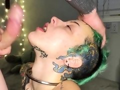 Tattooed freak deepthroats a cock and swallows hot cumload