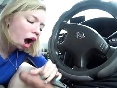 Naughty blonde teen delivers a deep POV blowjob in the car