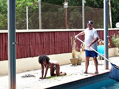 Sexy ebony MILF fucks older white guard in the pool