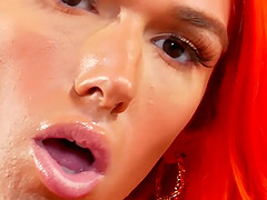 Closeup solo video of redhead shemale Aspen Brooks jerking off