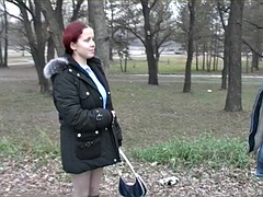 Redhead student sucks on the river bank for all to see
