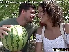 skinny curly babe fucks tight pussy outside